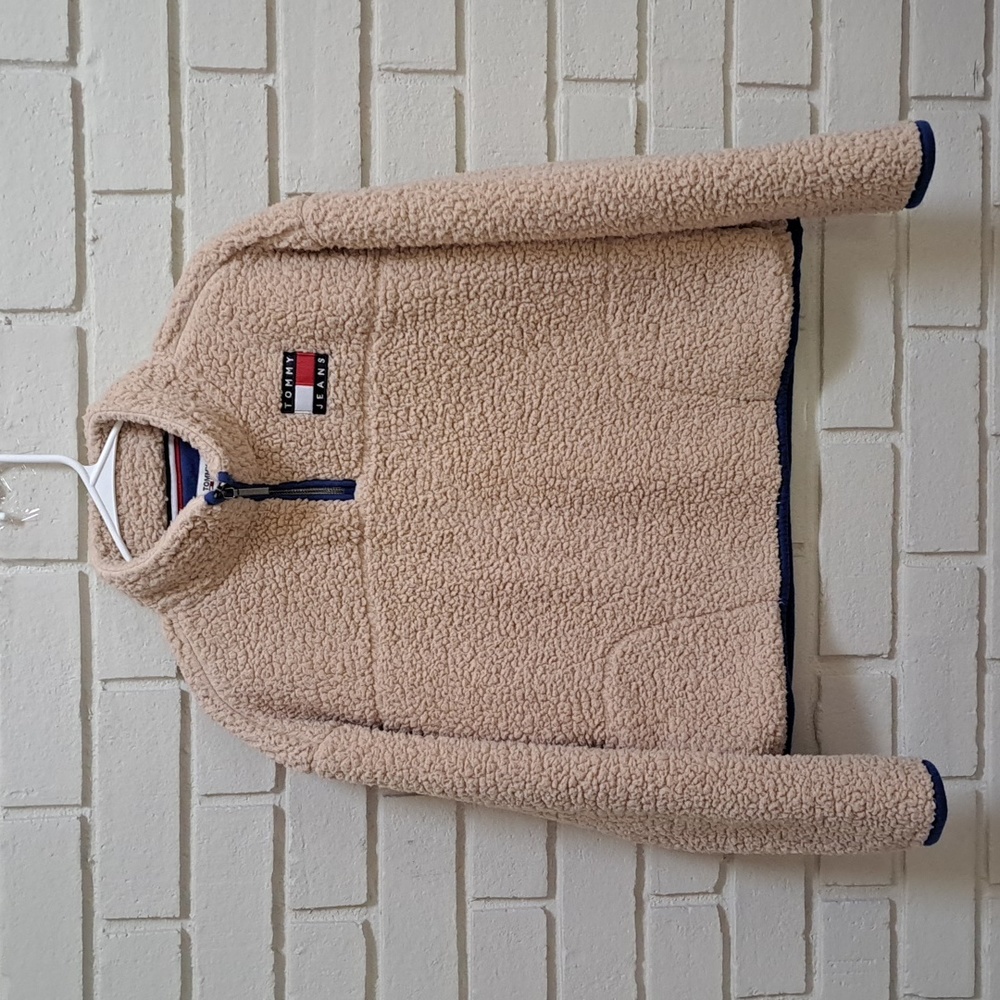 Tommy Jeans Tan Blue Trim Sherba Quarter Zip Pullover.  Size Small